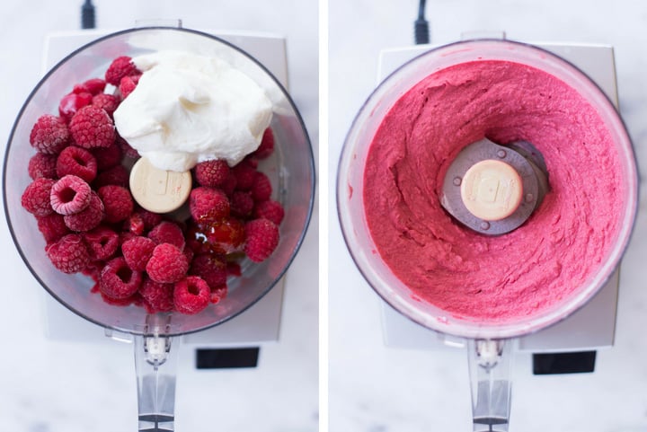 A side by side image of making Raspberry Frozen Yogurt in a food processor by combining fresh raspberries, full fat plain greek yogurt and raw honey and pulsing until smooth.
