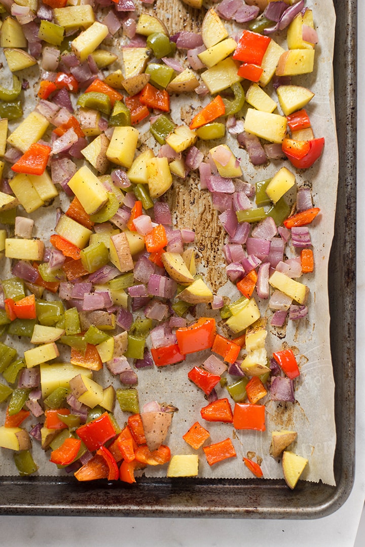 A close up of the roasted veggies that are used in the Make Ahead Frozen Breakfast Burritos recipe.