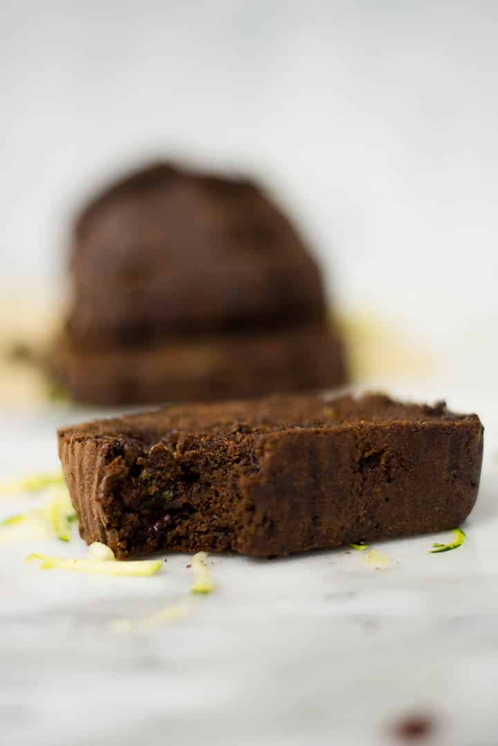 Side view of slices of Healthy Chocolate Zucchini Bread which is easy, healthy, and delicious.