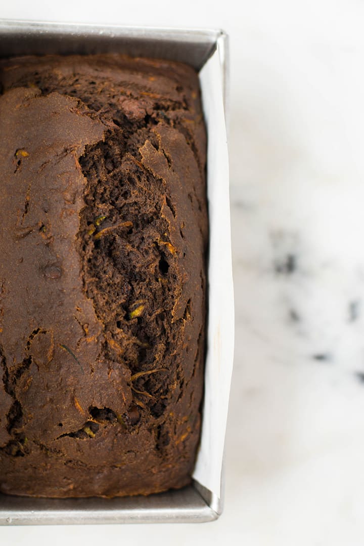 View from the top of the Healthy Chocolate Zucchini Bread in a loaf pan.