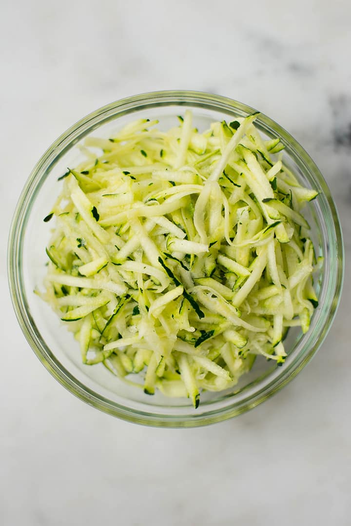 Shredded zucchini that will be used in the Healthy Chocolate Zucchini Bread recipe.