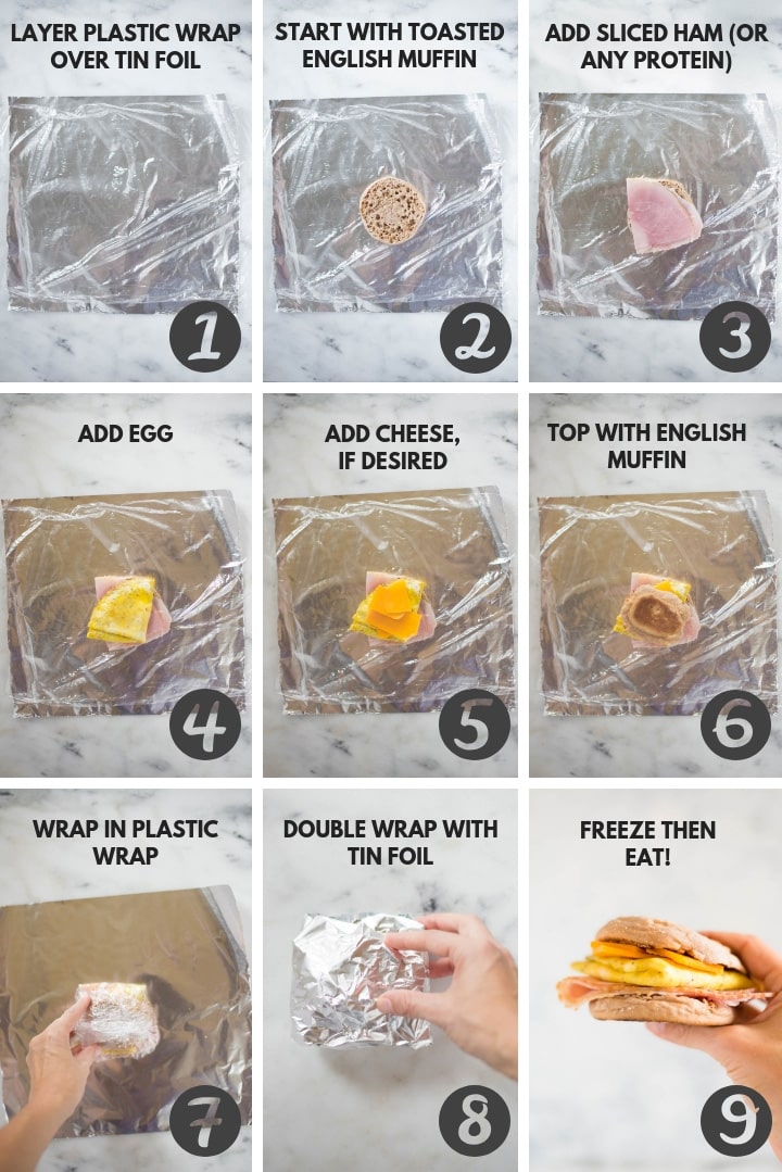 Step by step picture guide that teaches you how to wrap assemble and wrap the breakfast sandwiches.