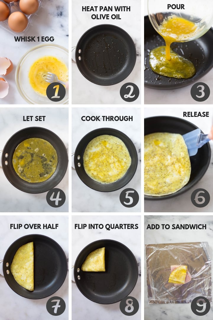 A step by step image guide that teaches people how to make eggs for breakfast sandwiches from mixing the eggs to folding the cooked eggs for the sandwiches.
