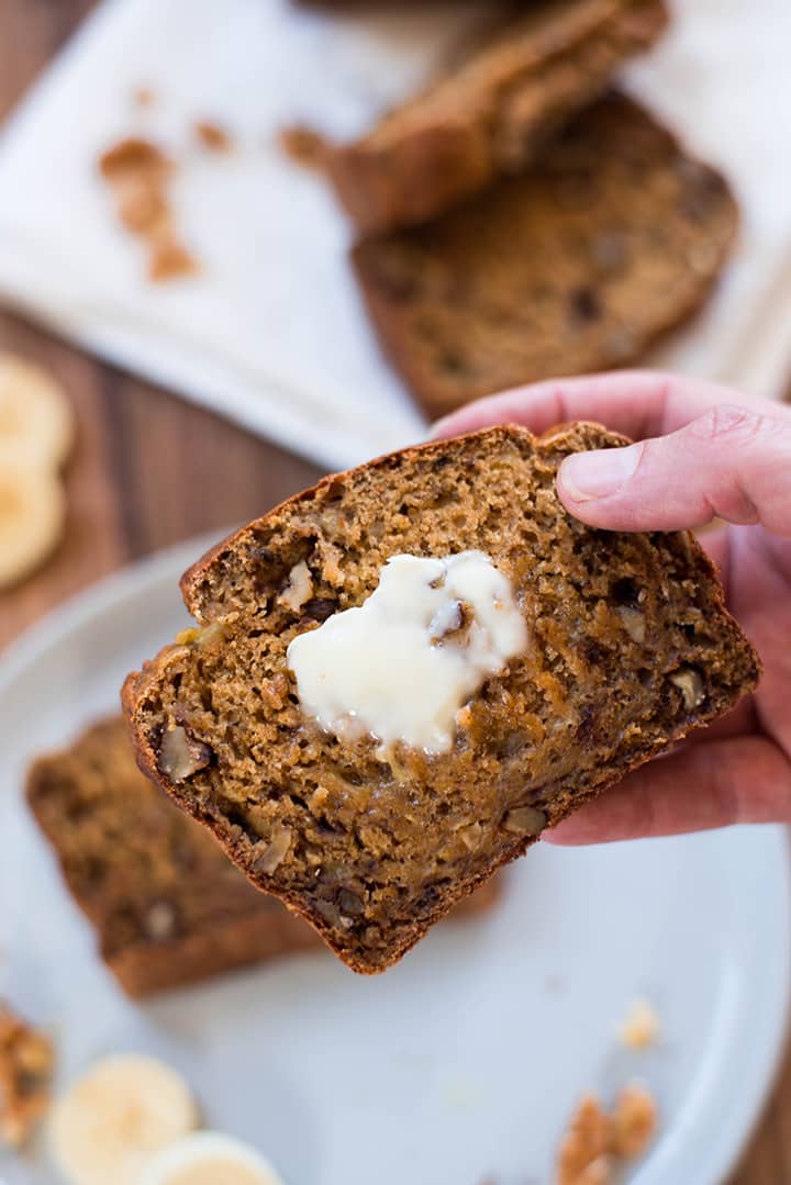 How to Make Healthy Banana Nut Bread (Without Added Sugar!) | Got extra ripe bananas? Here’s a super yummy, healthy, and easy banana nut bread recipe. This moist banana bread has just the right amount of walnuts, and makes a great breakfast or healthy snack. Plus it contains no added sweeteners! | A Sweet Pea Chef #banananutbread #bananabread