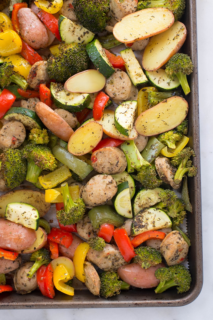 View from the of the freshly cooked Sheet Pan Sausage and Veggies.