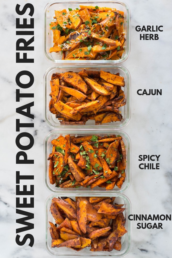 Easy Sweet Potato Meal Prep - Baked Sweet Potato Fries 4 Ways | Crispy, healthy, and delicious sweet potato fries that are great for meal prep | A Sweet Pea Chef
