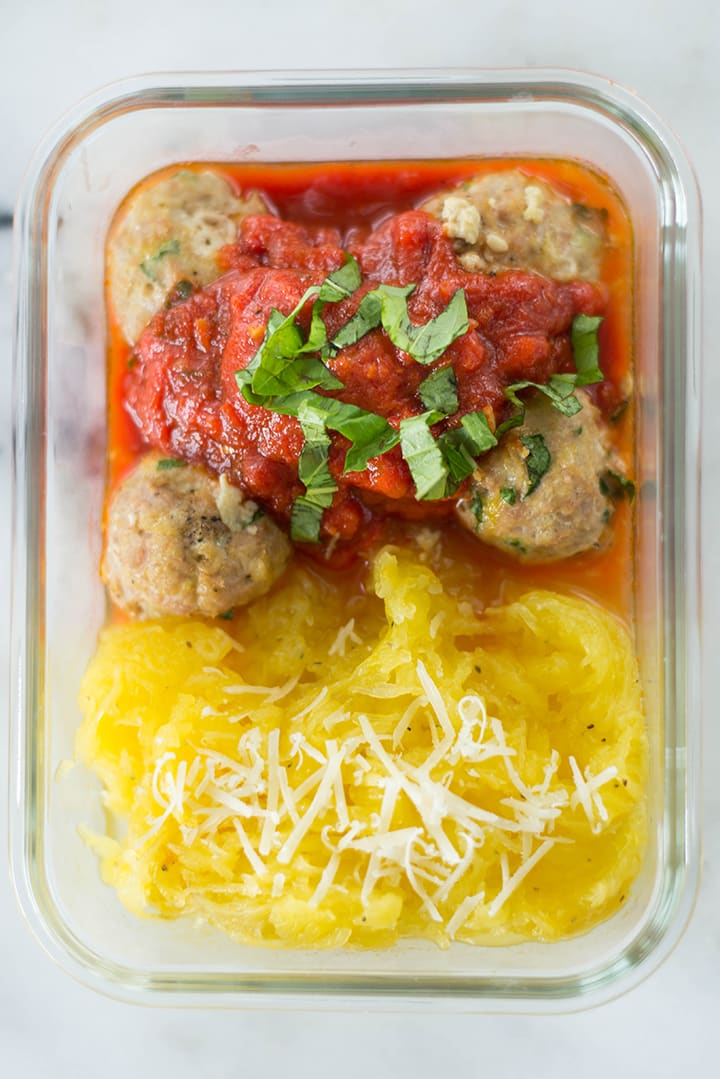 Close up of the Turkey Meatballs with Spaghetti Squash Noodles in the meal prep container.