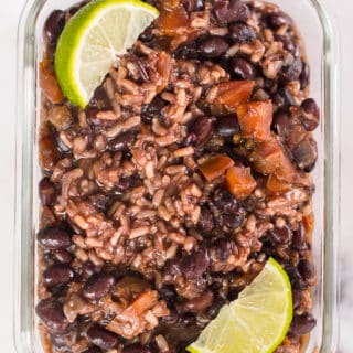 Black beans with rice in a meal prep container.