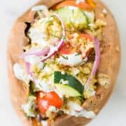 View from the top of Quinoa Salad Baked Sweet Potato.