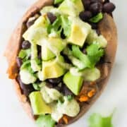 View from the top of Chipotle Black Beans Stuffed Baked Potato.