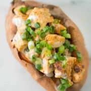 Top view of Buffalo Chicken baked Sweet Potato.