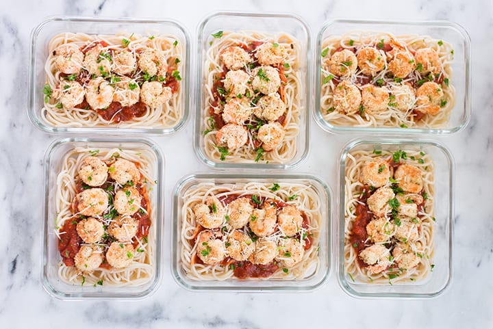Breaded Shrimp Meal Prep divided into meal prep containers, ready to store for up to 4-6 days in fridge.