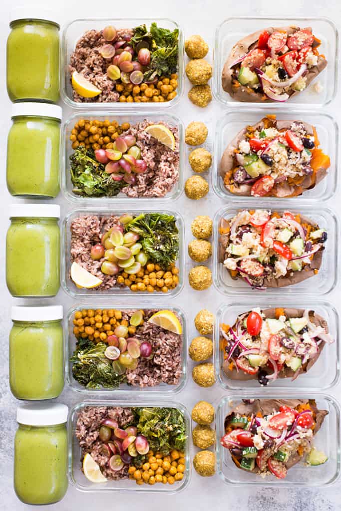 Overhead view of all the recipes included in this 5 day meal plan for anti-inflammation, including lemon ginger energy balls, matcha chia smoothie, turmeric chickpea buddha bowl, and greek stuffed baked sweet potatoes..