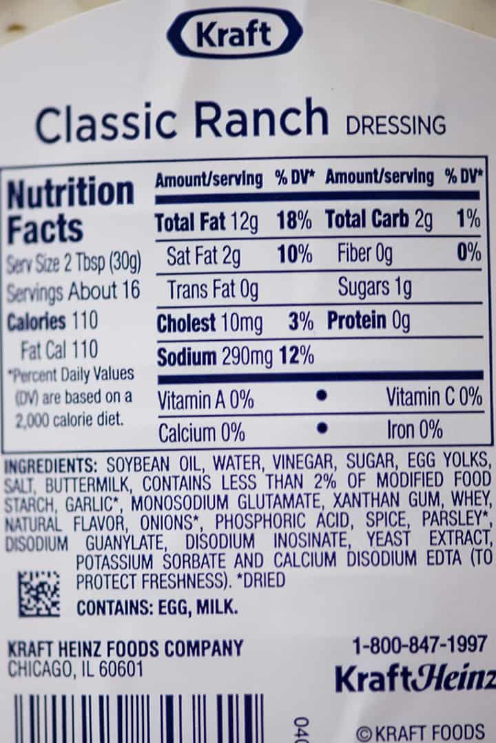 Overhead view of the ingredients label of a store-bought classic ranch dressing.