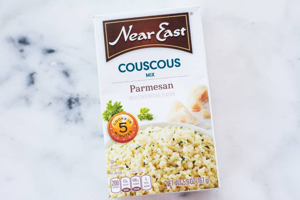 Overhead view of a box of cous-cous, loaded with carbs and sodium.