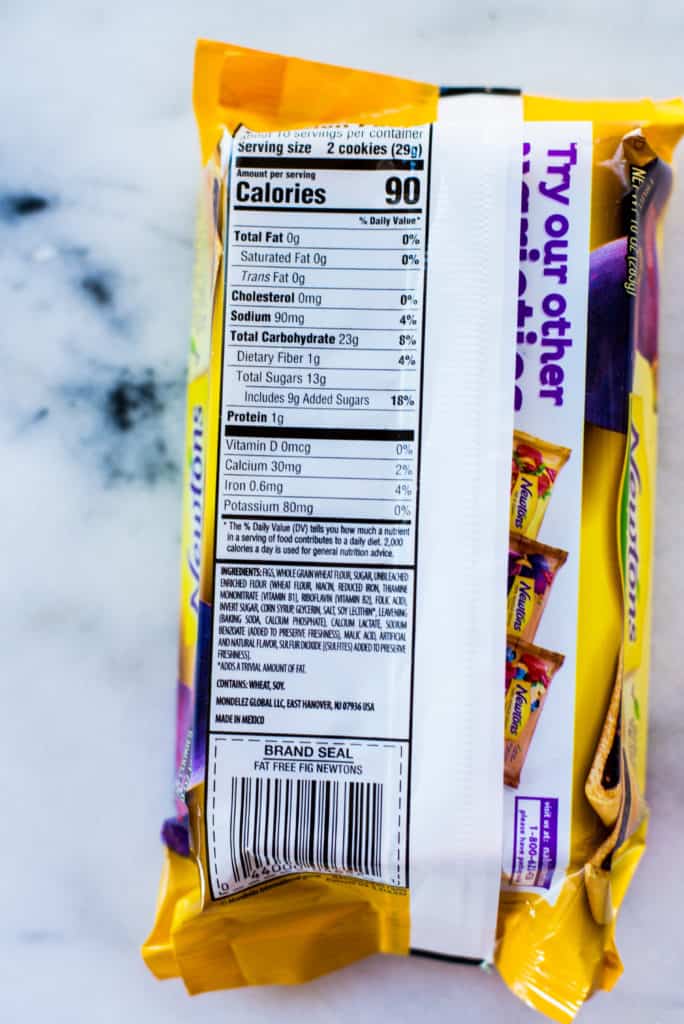 Overhead image of a package of fat-free Fig Newtons, showing the nutrition label.