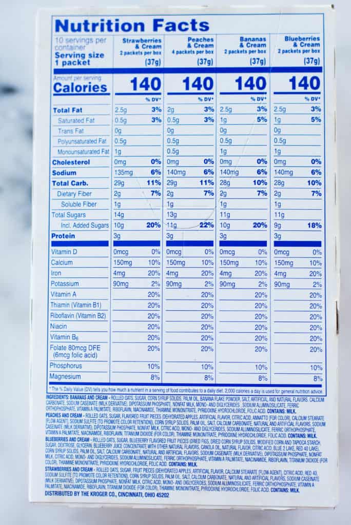 View of a nutrition label for instant oatmeal, a fake healthy food with lots of artificial ingredients.