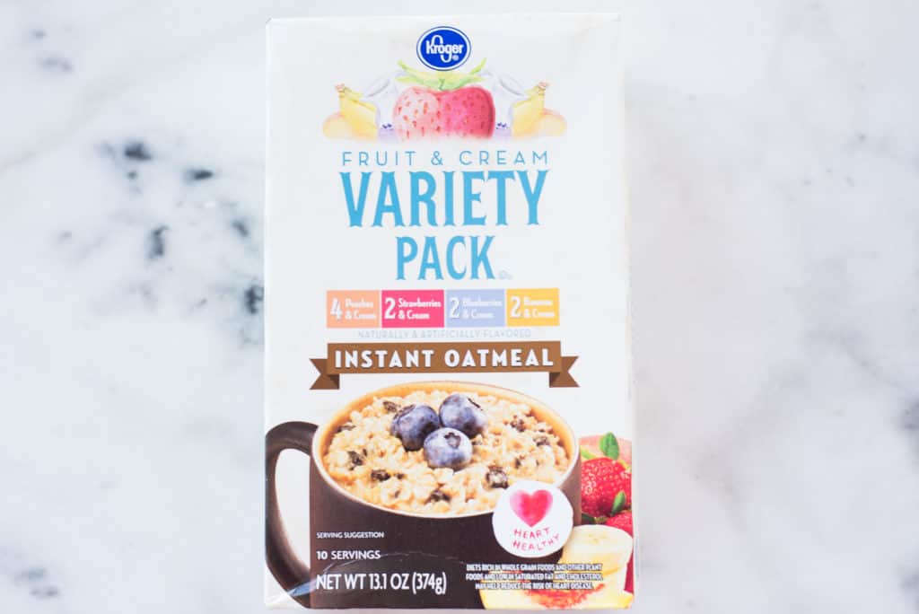 Overhead view of flavored variety pack instant oatmeal, which has lots of added sugar.