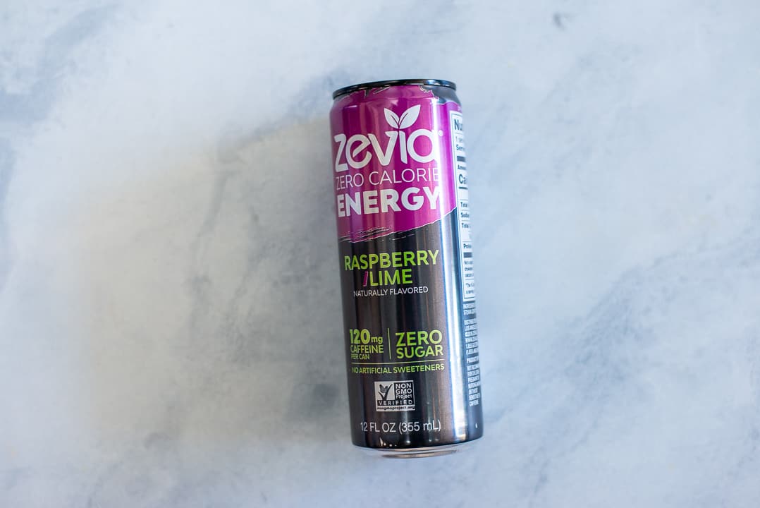 Close up image of one can of energy drink, which is the Zevia Zero Calorie Energy Drink in a pink and black can.