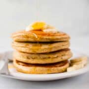 Side view of a stack of Banana Protein Pancakes