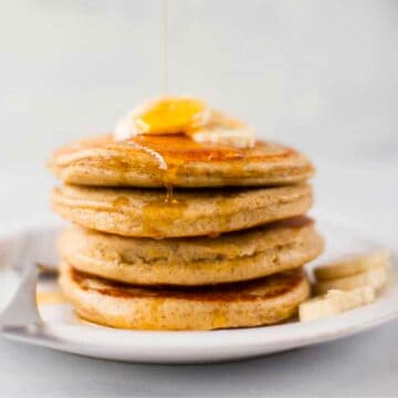 Side view of a stack of Banana Protein Pancakes
