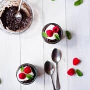 Chocolate Chia Pudding with raspberries and mint garnish