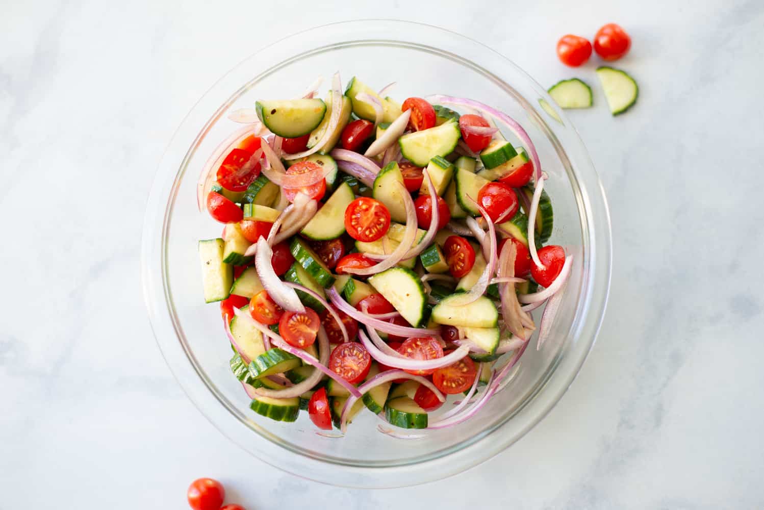 cherry tomato cucumber salad in a bowl