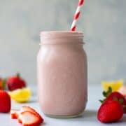 side view of strawberry cheesecake protein smoothie
